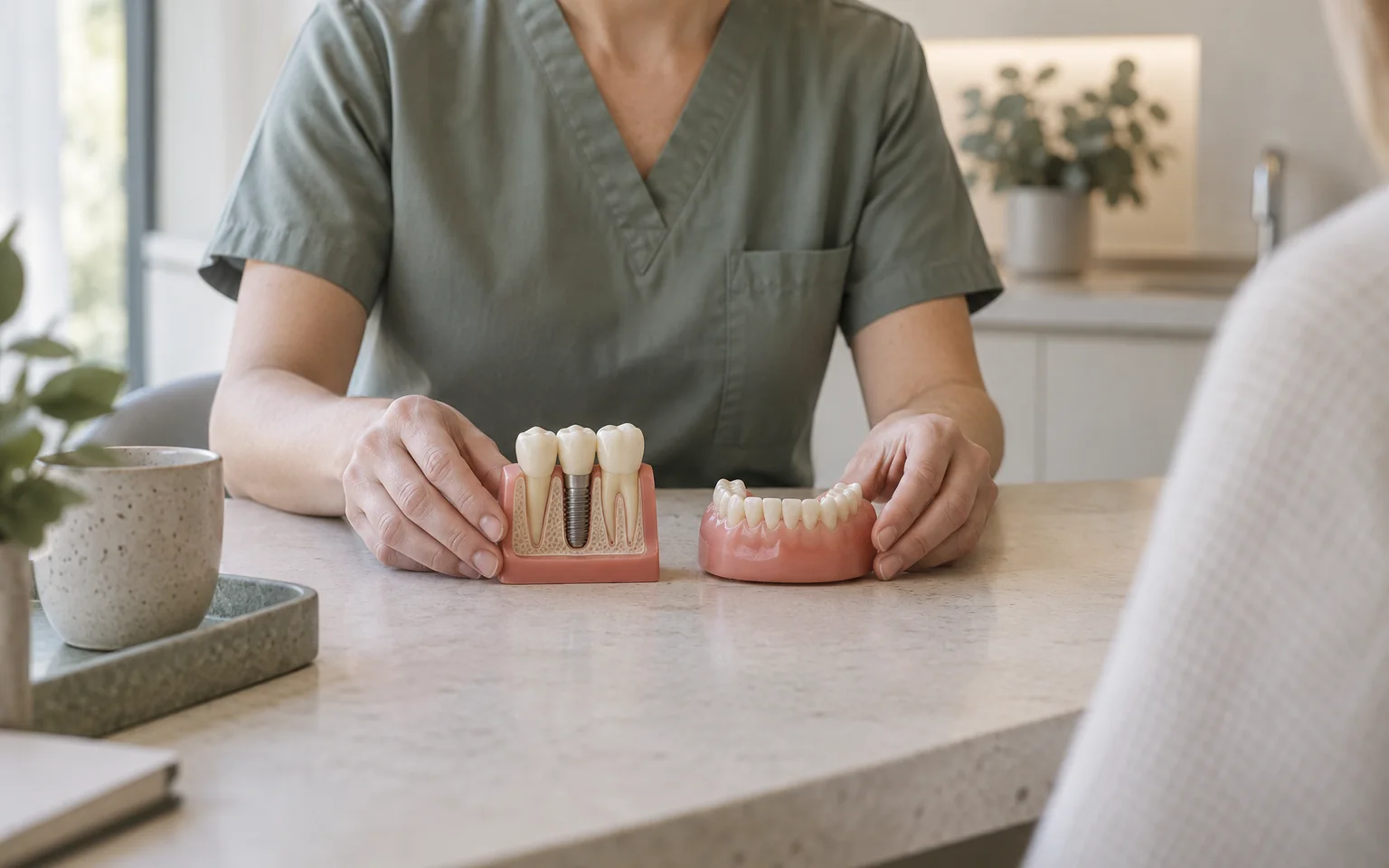 A fictional clinician's hands placing two tooth replacement teaching models side by side on a consultation table; neutral demonstration, no procedure.