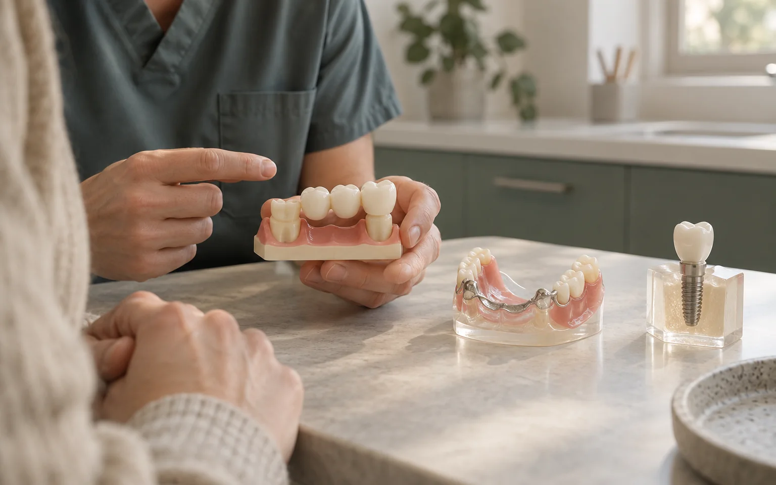 Three clearly educational dental models arranged separately: a bridge, a removable partial denture and an implant-supported crown; no prices, performance claims or real tissue.