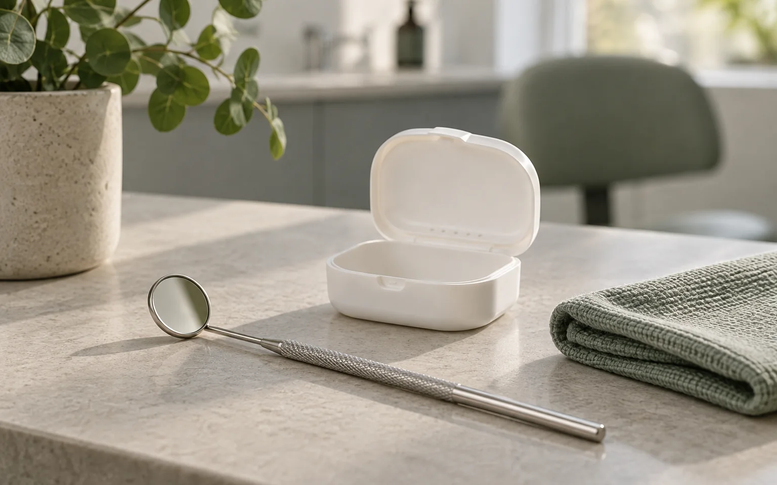 A plain dental mirror, empty protective tooth container and folded cloth arranged as a neutral still life; no injury, blood or self-treatment demonstration.