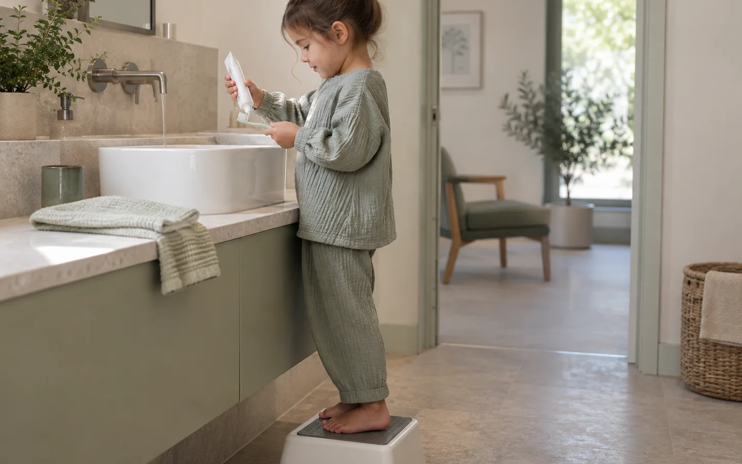 A child-sized brush, plain toothpaste tube and stable step stool visible around a sink; no measured toothpaste dose or age claim.