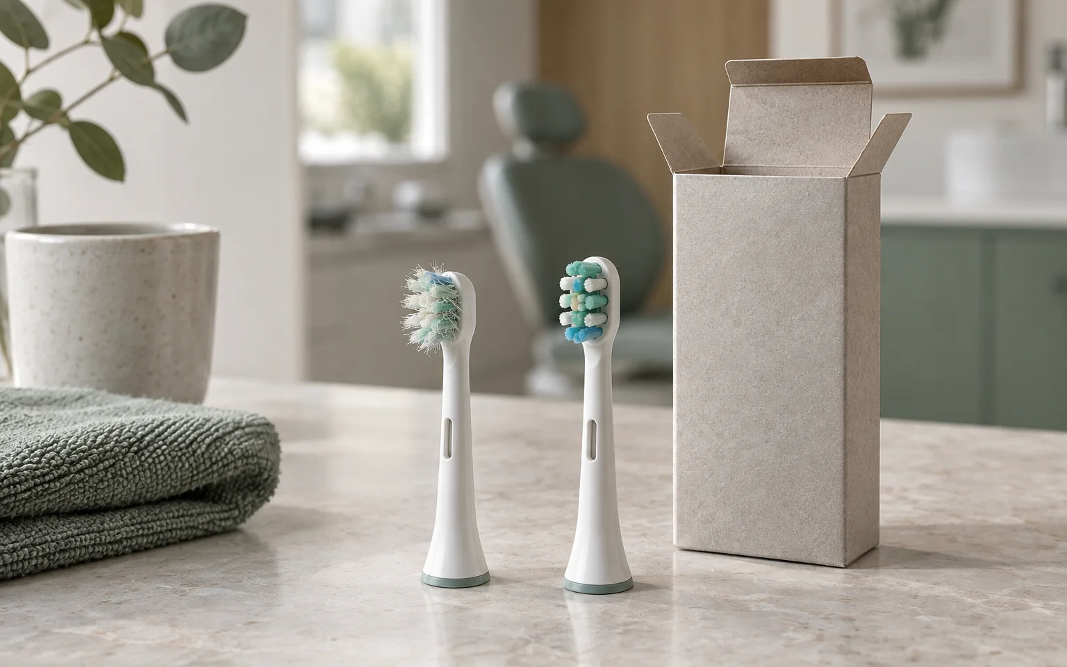 Close view of a used brush head beside a fresh compatible head and an empty paper carton, making replacement and packaging distinct; no printed labels.