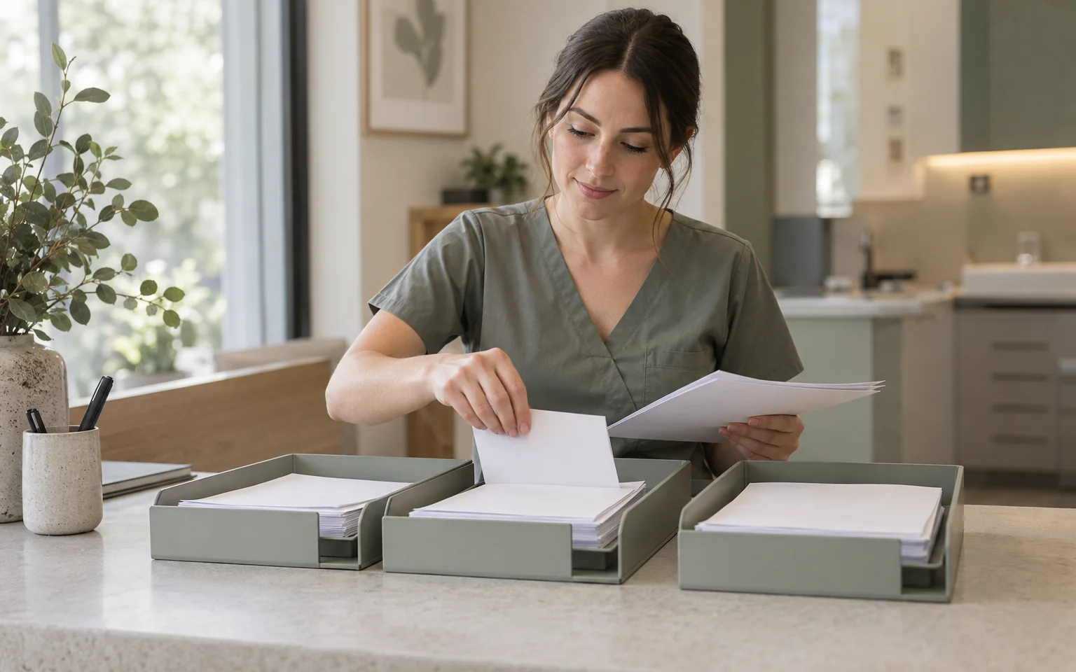 Hands sorting blank estimate sheets into assessment, treatment and review positions using unlettered dividers; section labels will be supplied in HTML, never image text.