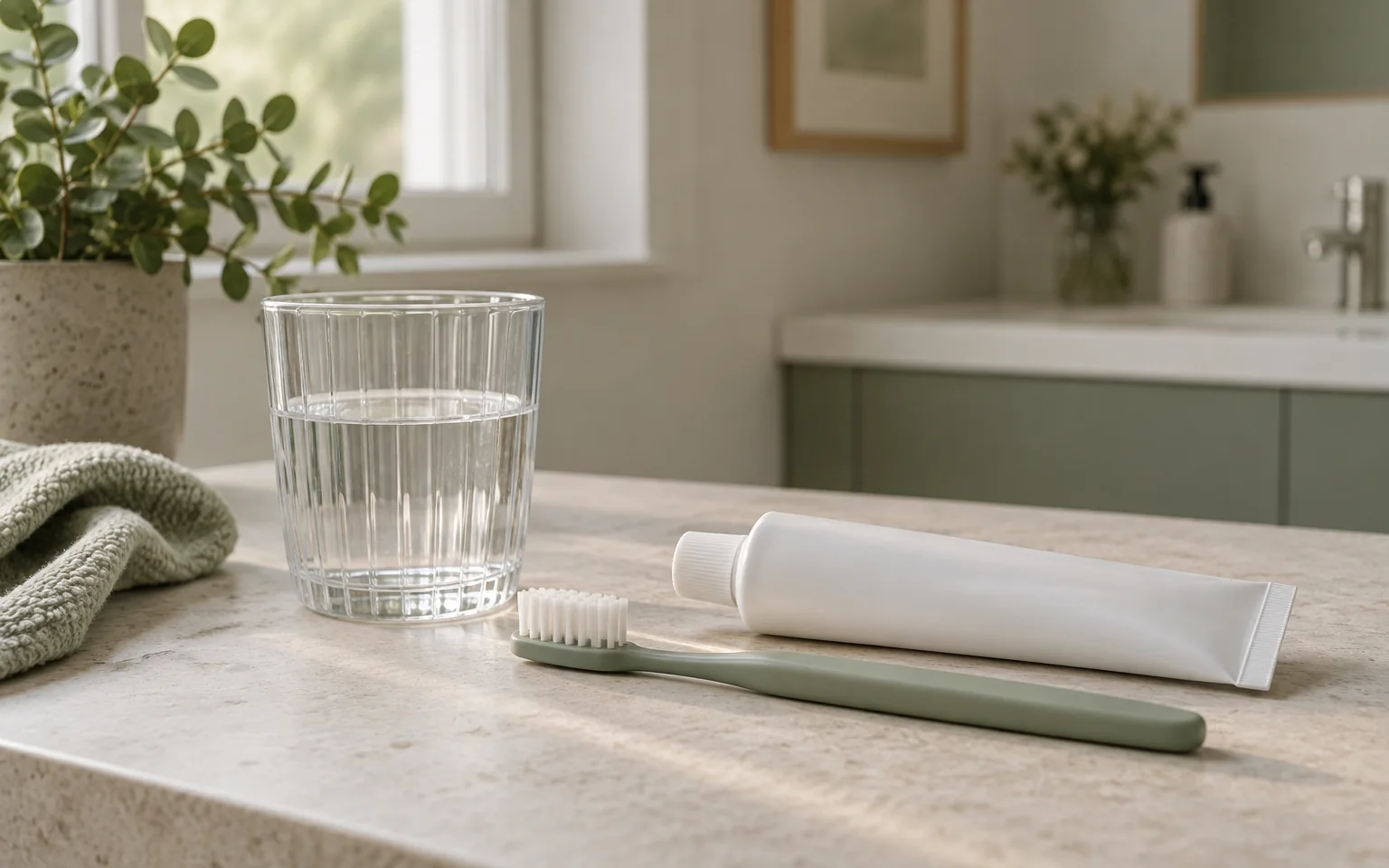 A soft toothbrush and plain toothpaste tube beside a glass of water on a neutral surface, illustrating a gentle daily-care conversation rather than a product recommendation.
