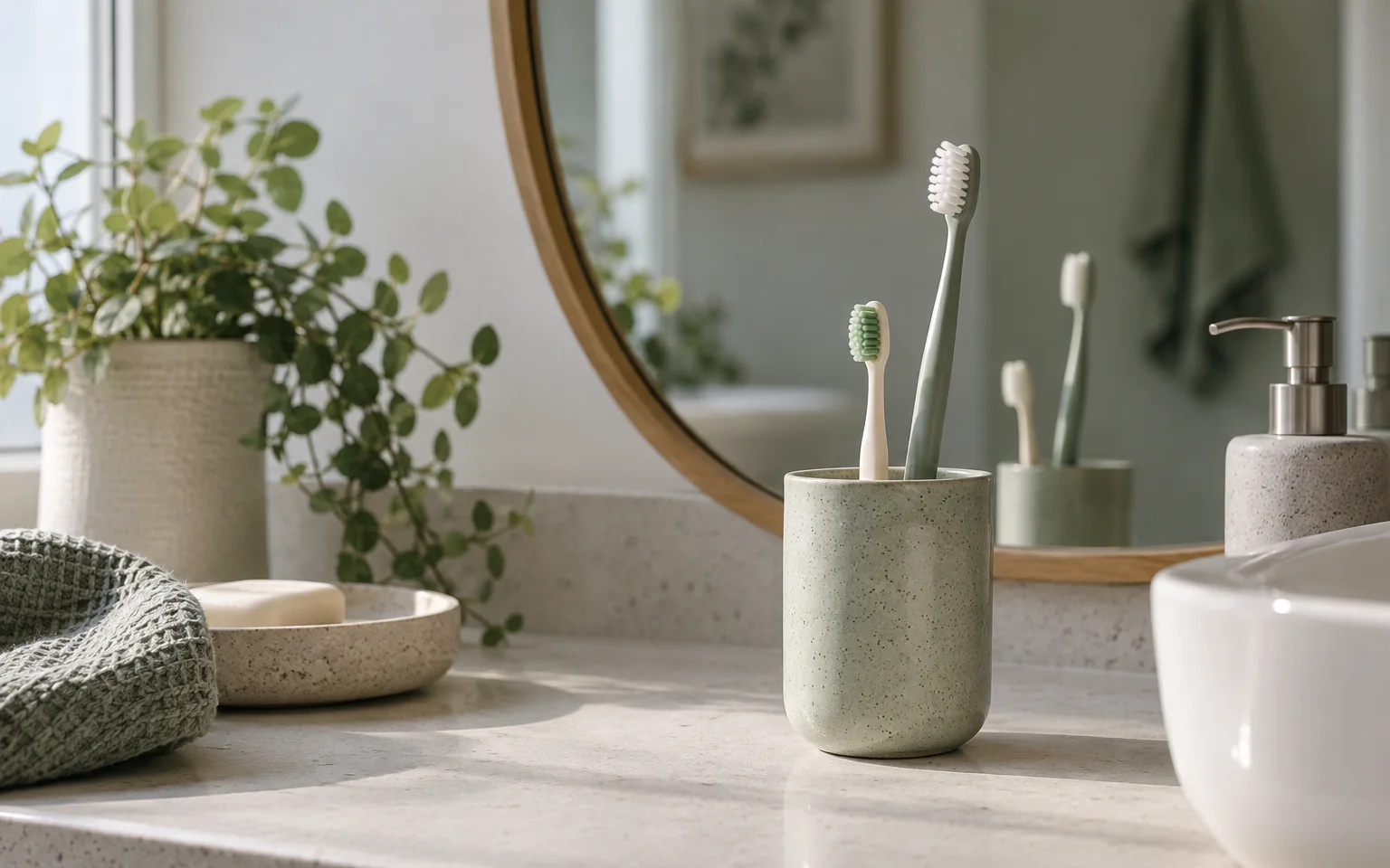 A parent-sized and child-sized toothbrush standing together beside a mirror, with enough space to crop without losing either head.