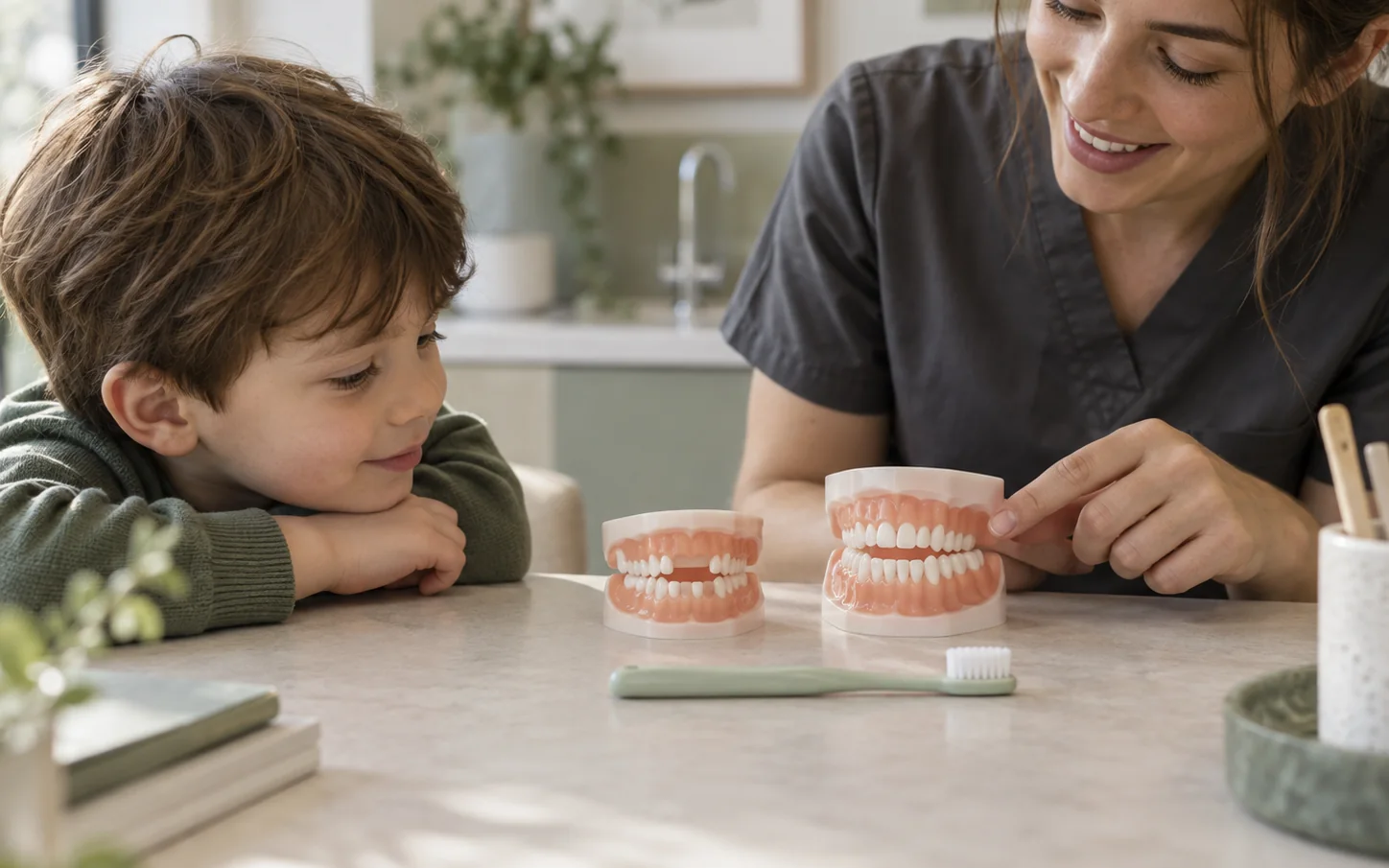 An age-neutral child toothbrush beside two unbranded dentition teaching models showing different developmental stages; models only, no rigid age chart.