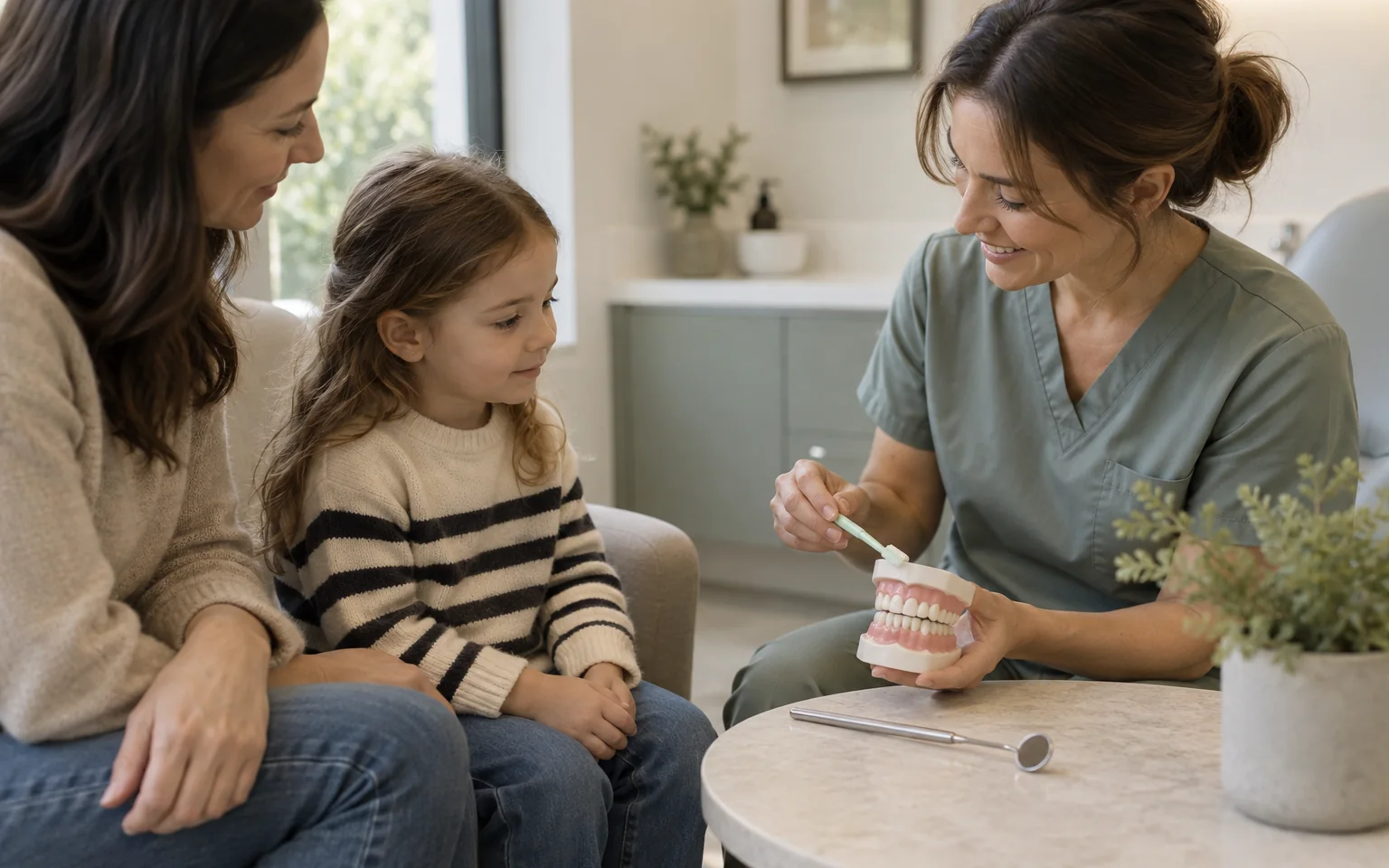 A small toothbrush, mirror and unbranded tooth model on a low table, arranged for familiarisation without showing treatment.