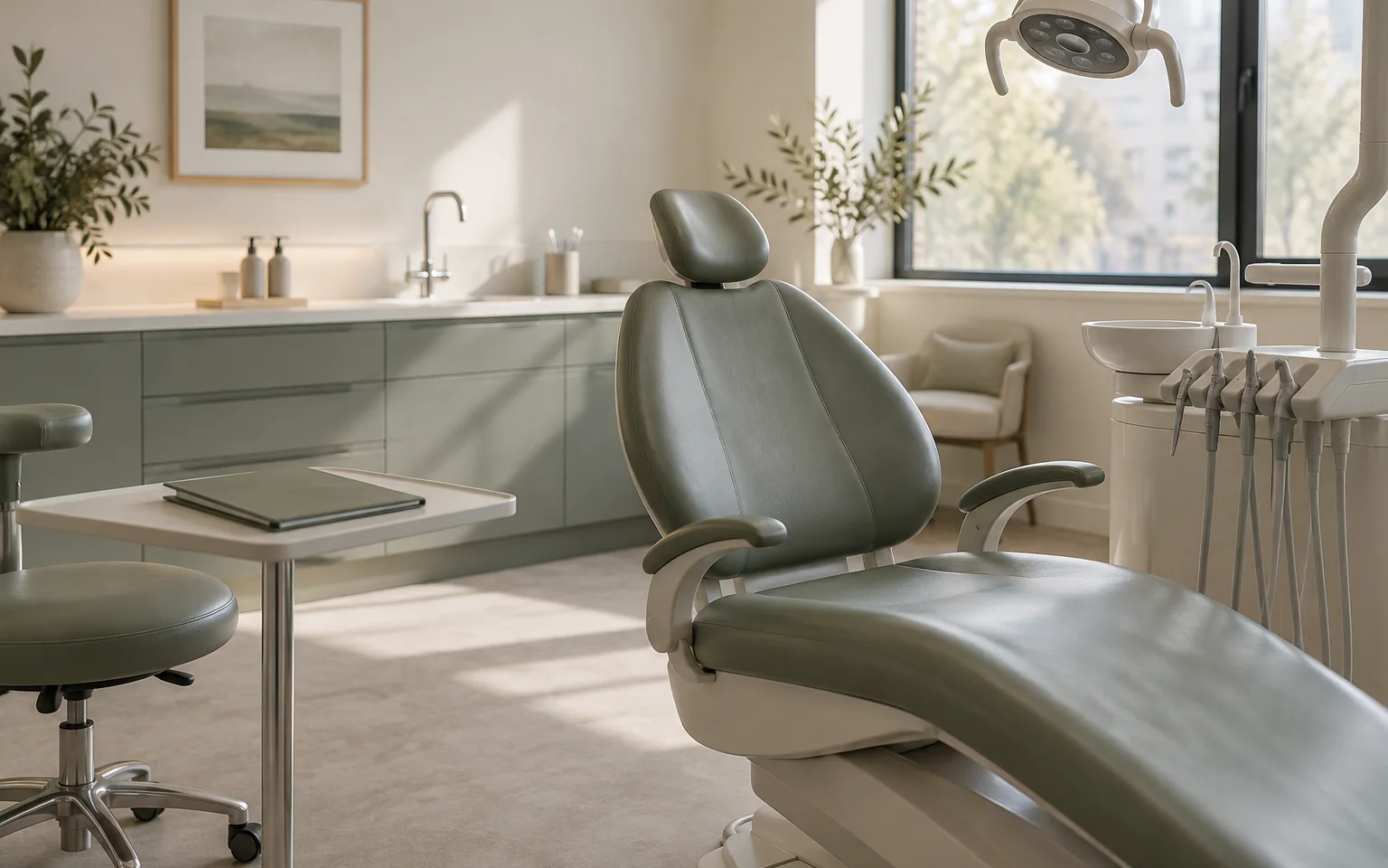 An empty treatment chair with a closed plain preparation folder on the adjacent table; no operating patient or implied actual surgical service.