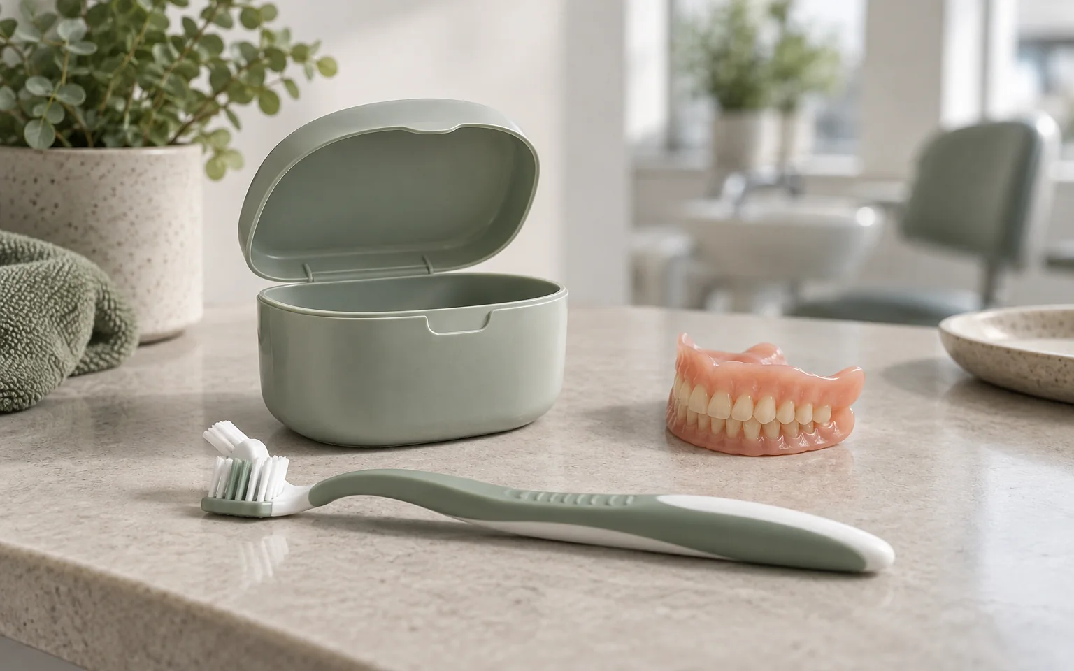 A plain denture storage container and a dedicated cleaning brush, with the model resting separately and no specific cleaning-product instruction.