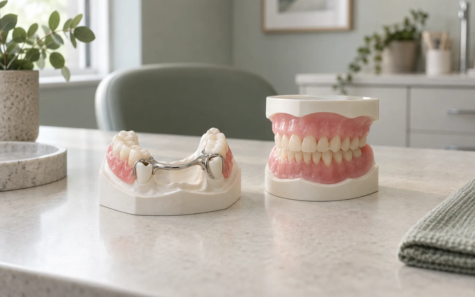 An unbranded removable partial denture teaching model beside a full denture model on a pale surface; no patient tissue.