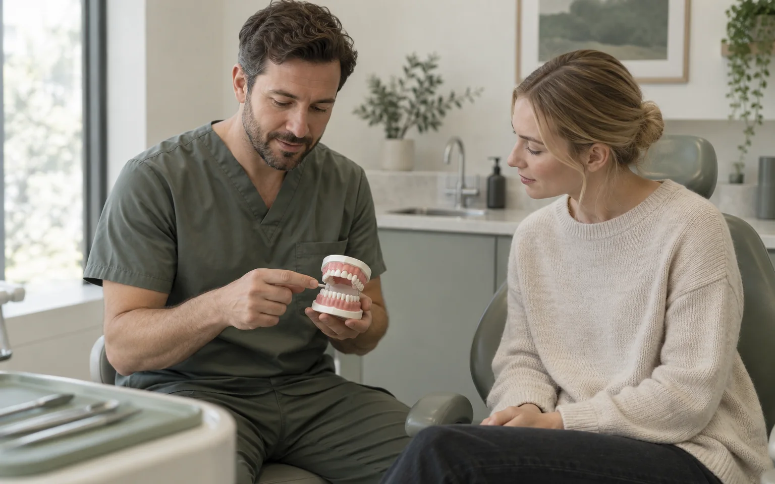 Fictional clinician pointing to an educational toothmodel, not a patient record