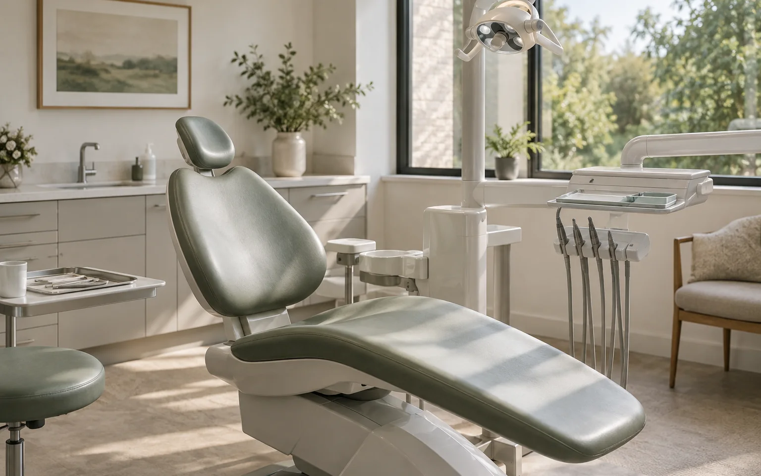 Unoccupied dental chair and clean tray; no invasive scene
