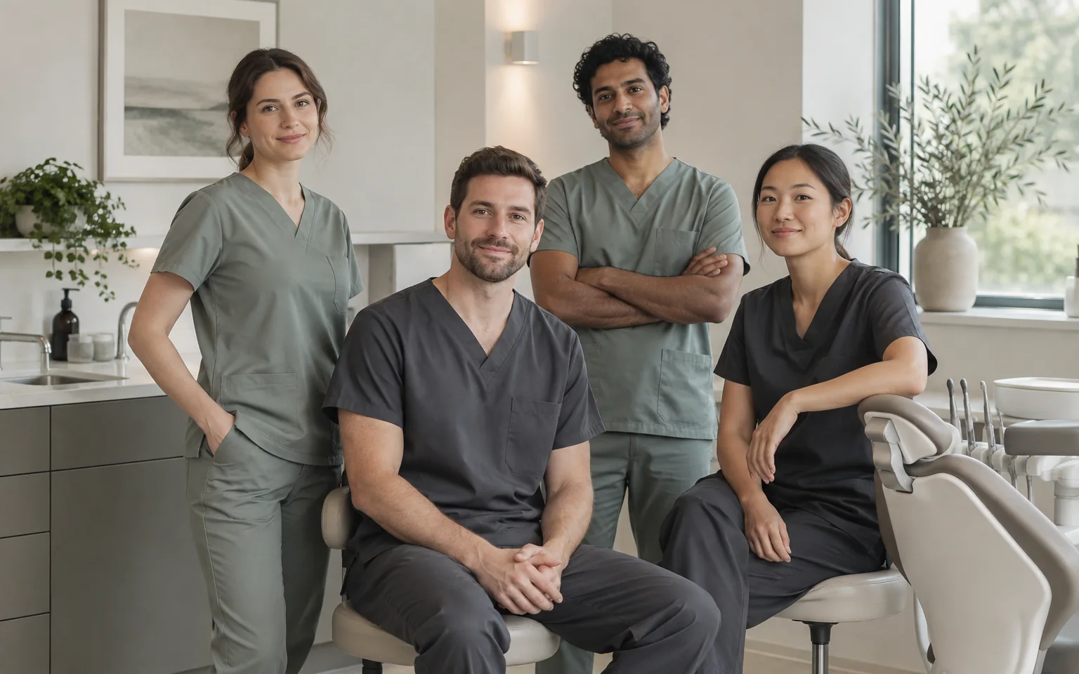 Four consistent fictional clinician identities together in a calm room; no qualifications or device brands
