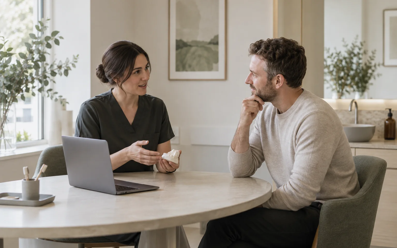 Conversation at a table in the fictional Stillwell practice; two invented adults; no patientrecord visible