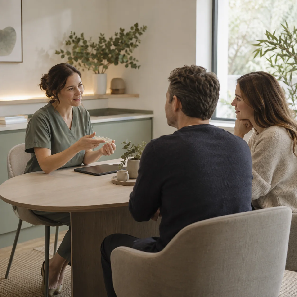 Fictional consultation room with a table, two chairs and room for a companion.