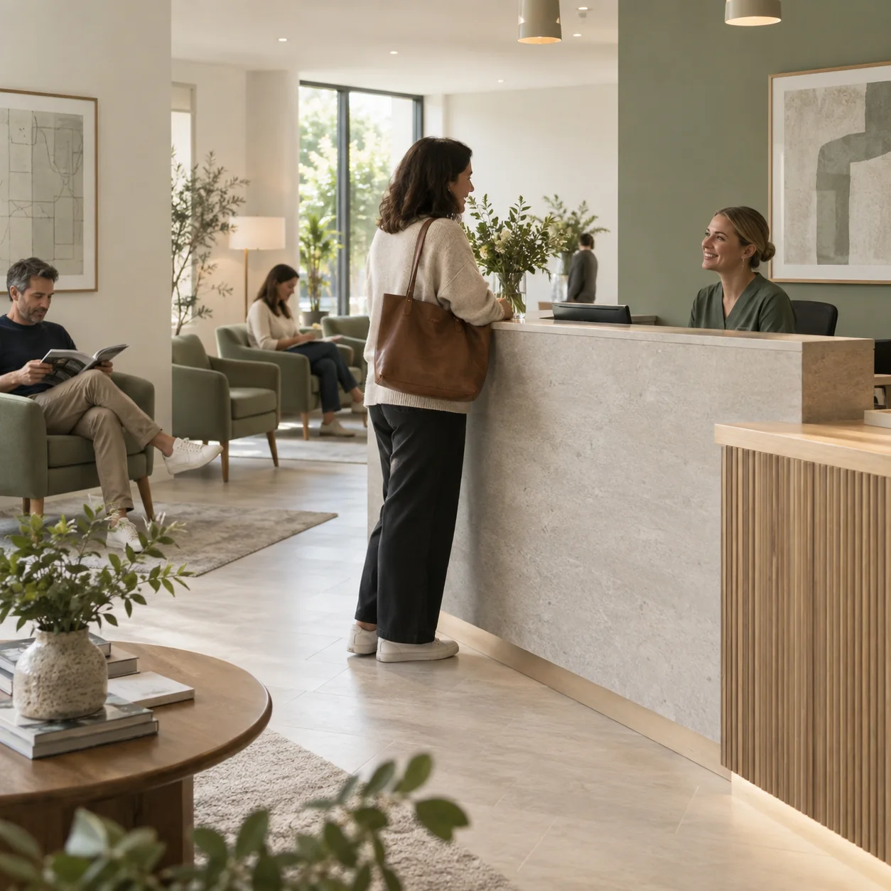 Fictional reception with a low counter section and a clear view of the waiting area.