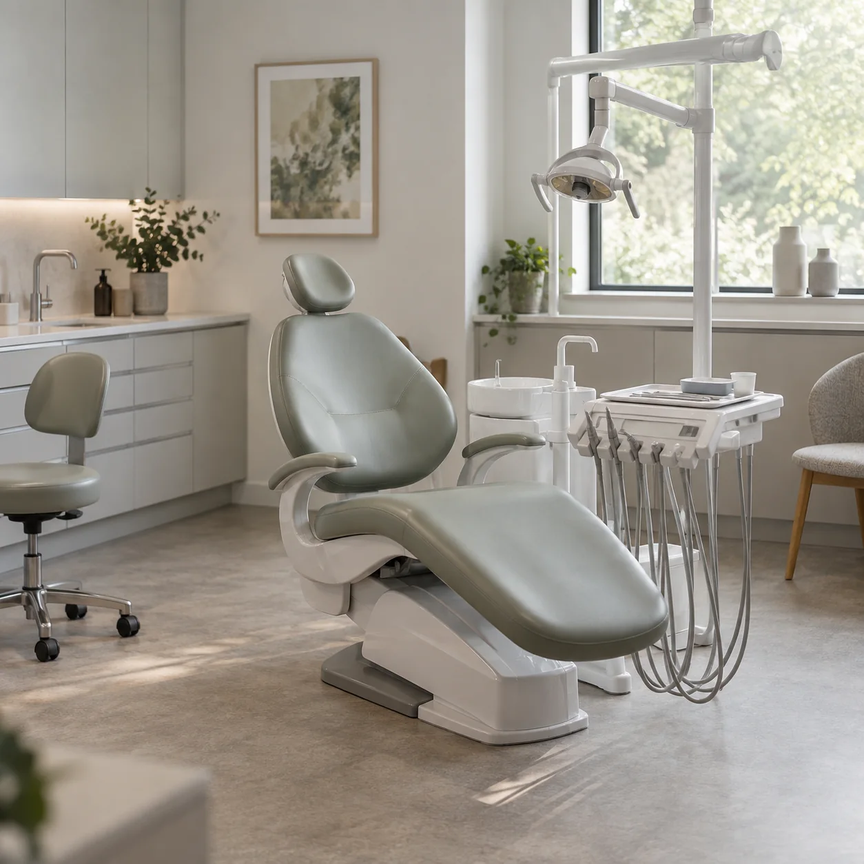 Illustrative treatment room arranged around an unoccupied chair.