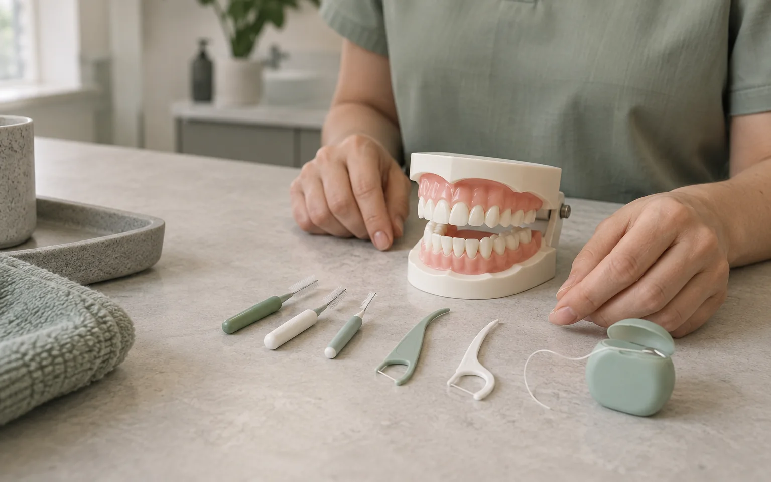 Close view of several cleaning-aid sizes laid separately beside a model, with no insertion or self-treatment demonstration.