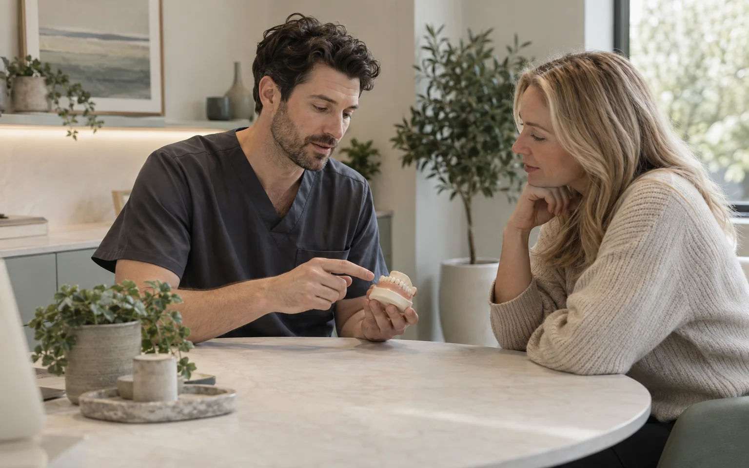 Fictional Rowan Ellis discussing the model with an invented adult at a table, showing assessment rather than treatment.