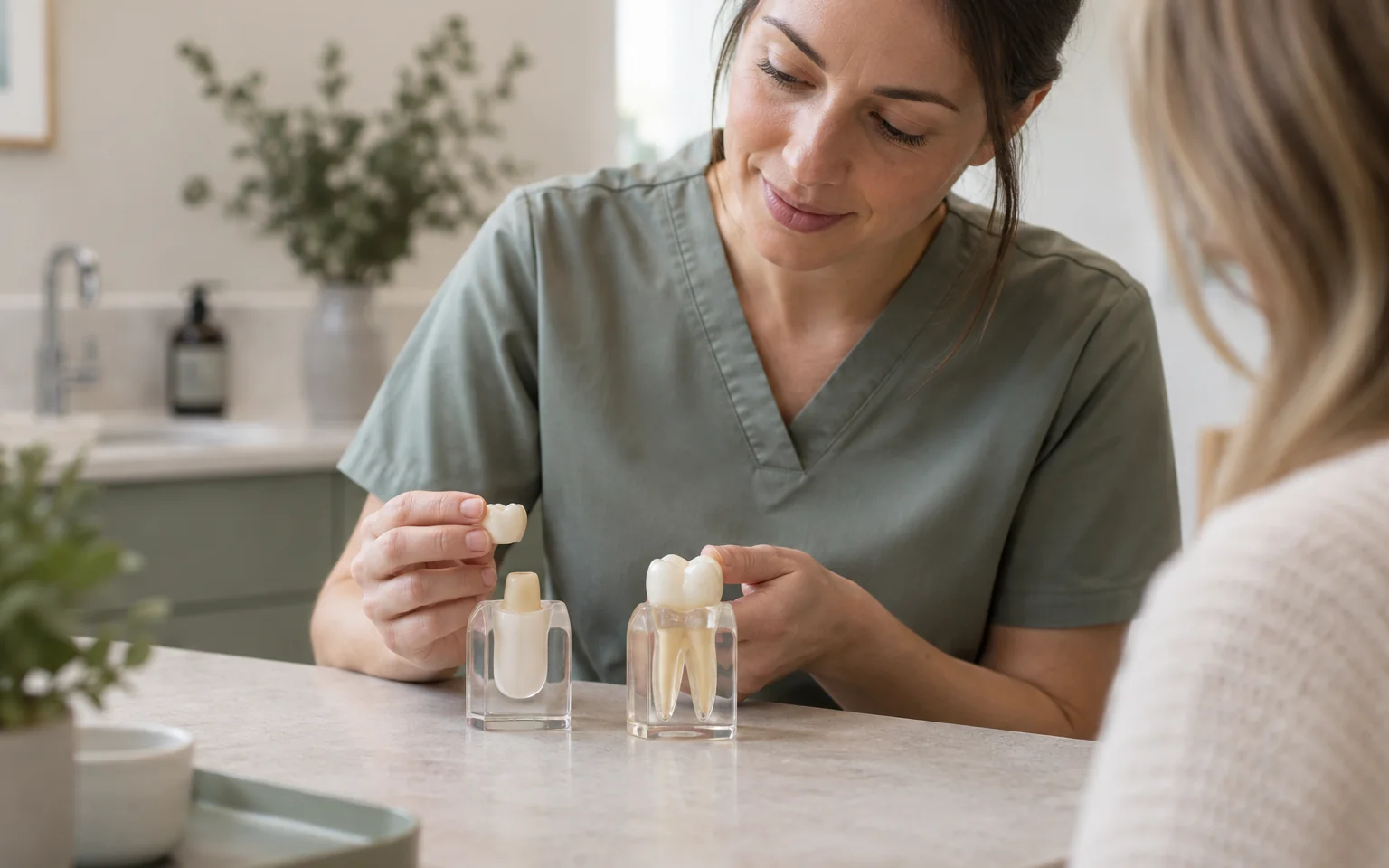 A crown teaching model placed beside a natural-tooth model, supporting the distinction between restorations and natural tooth colour.
