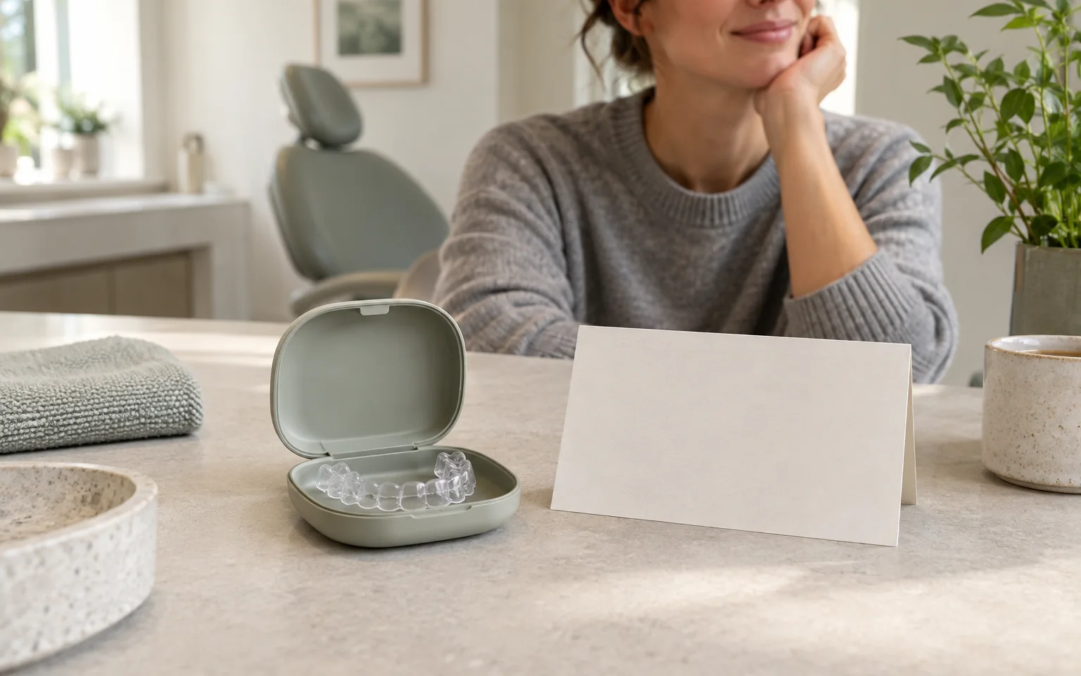 An unbranded retainer in a plain case beside a blank review card, illustrating continuing care after active movement.