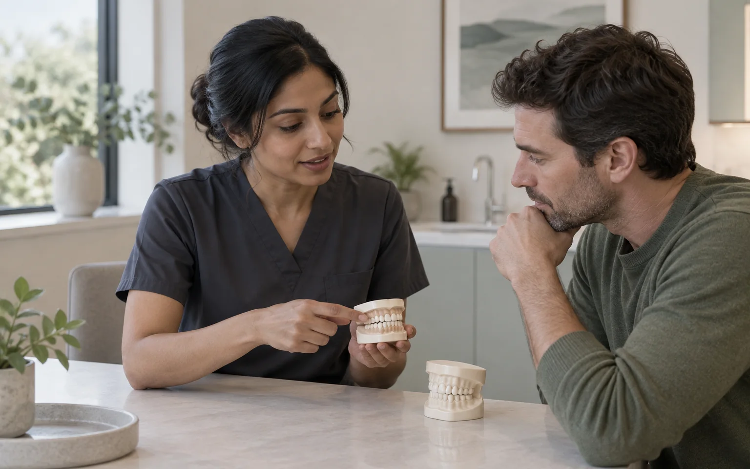 Fictional Maya Sen and an invented adult comparing two neutral tooth-outline teaching models at a table; no result promise.