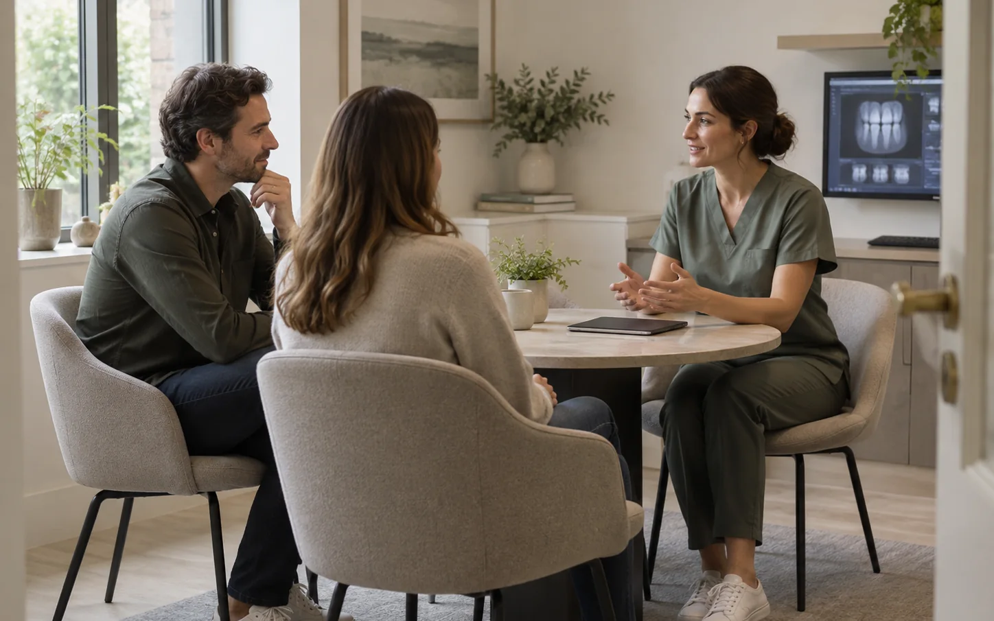 Fictional consultation room with a table, two chairs and room for a companion.