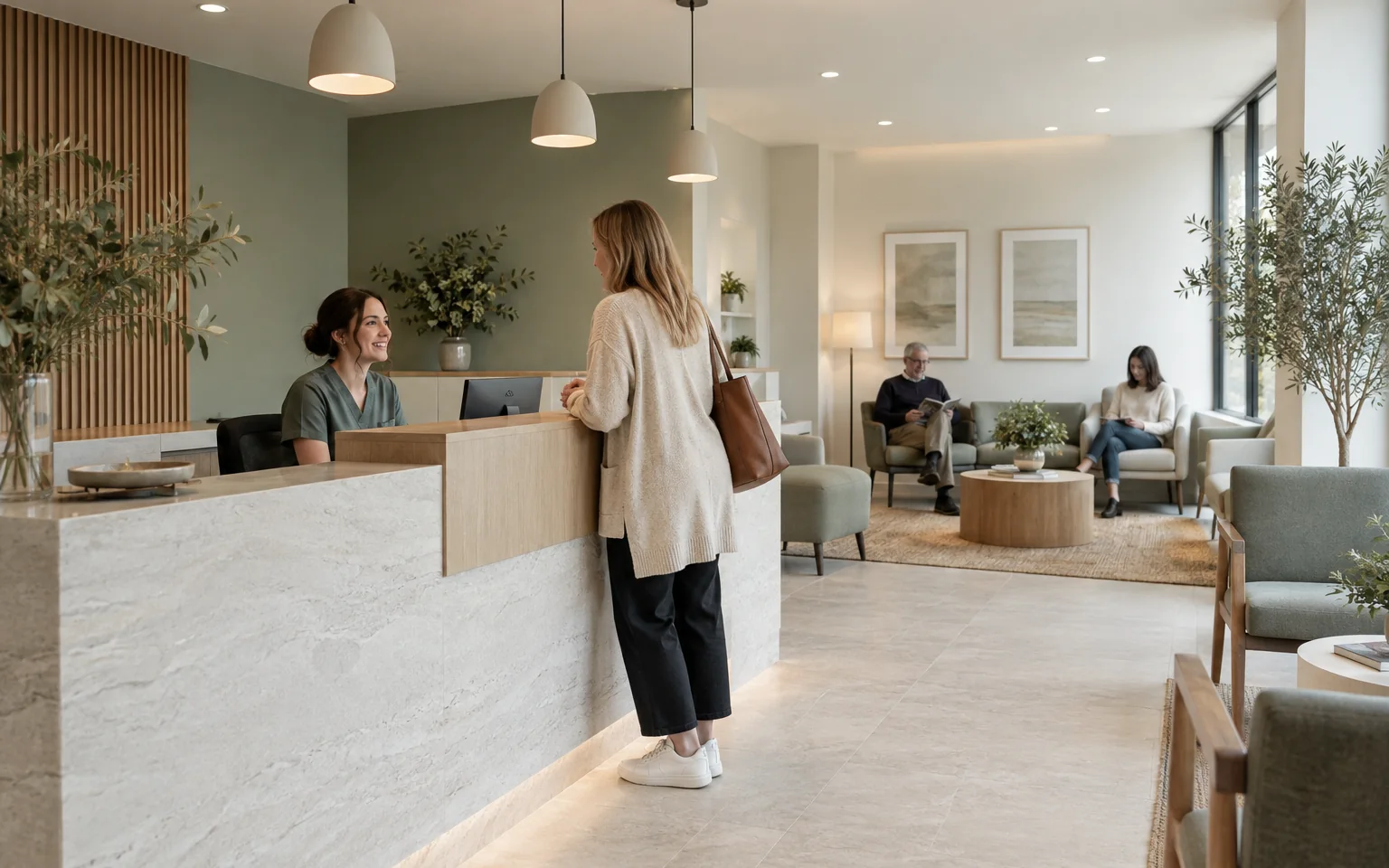 Fictional reception with a low counter section and a clear view of the waiting area.