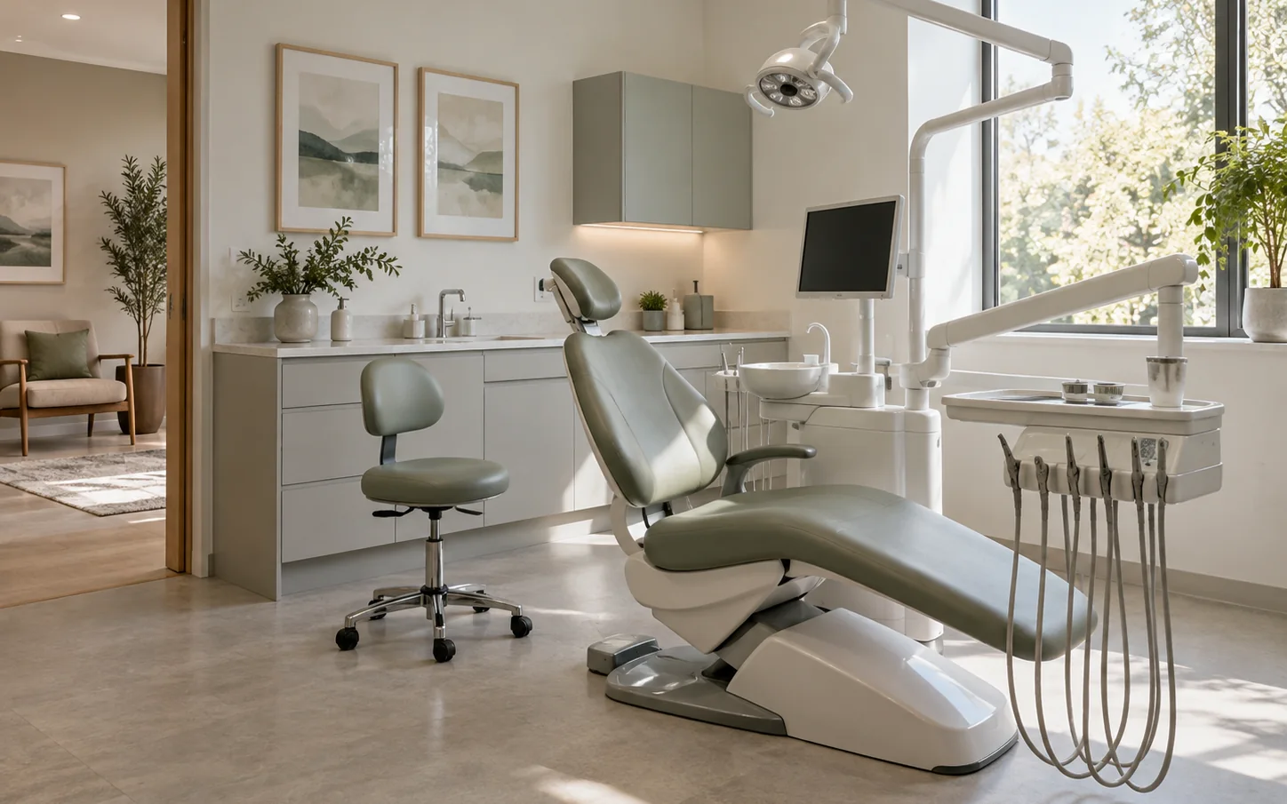 Illustrative treatment room arranged around an unoccupied chair.