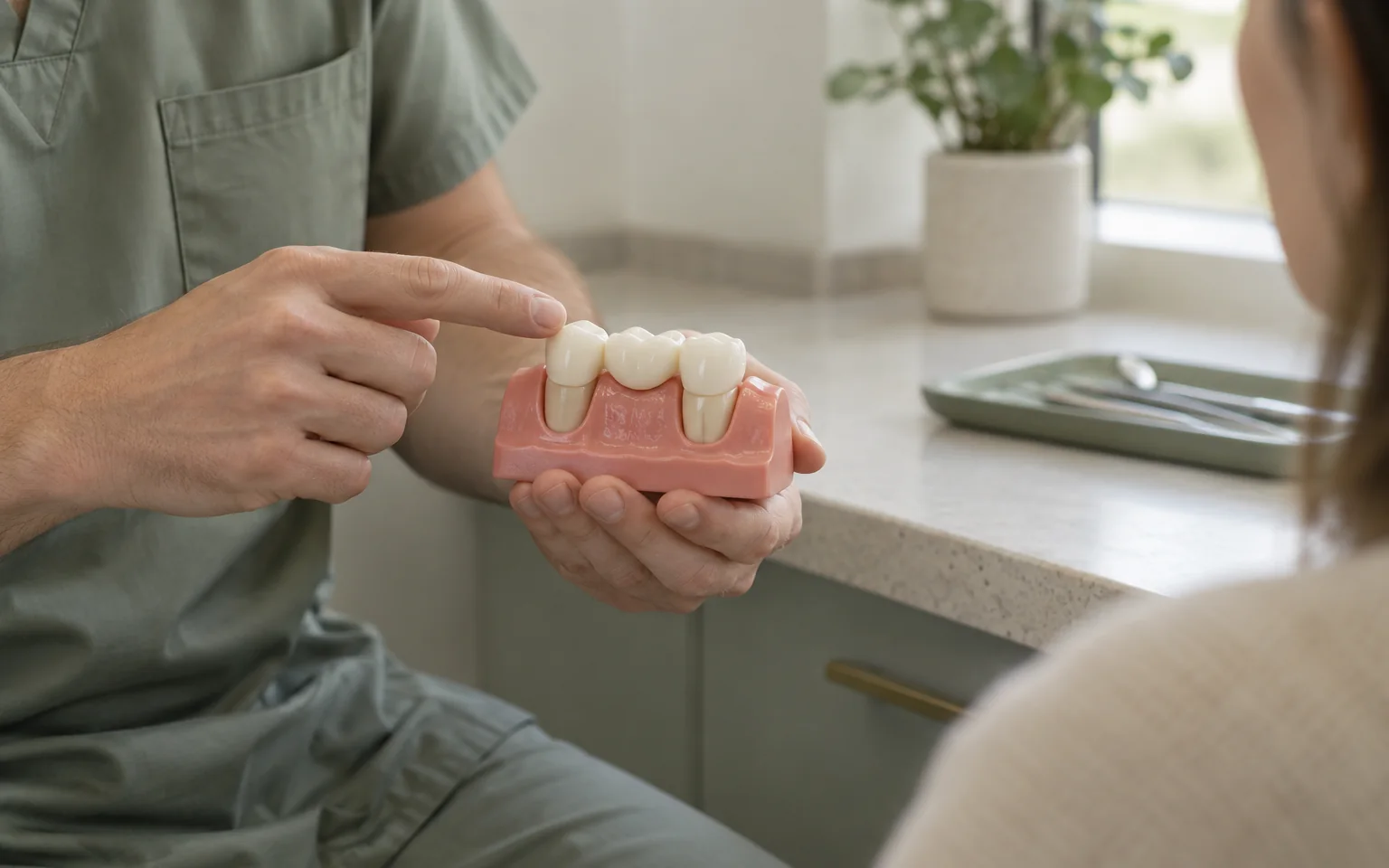 A bridge teaching model displayed at an oblique angle so both supporting teeth and the replacement unit are visible.