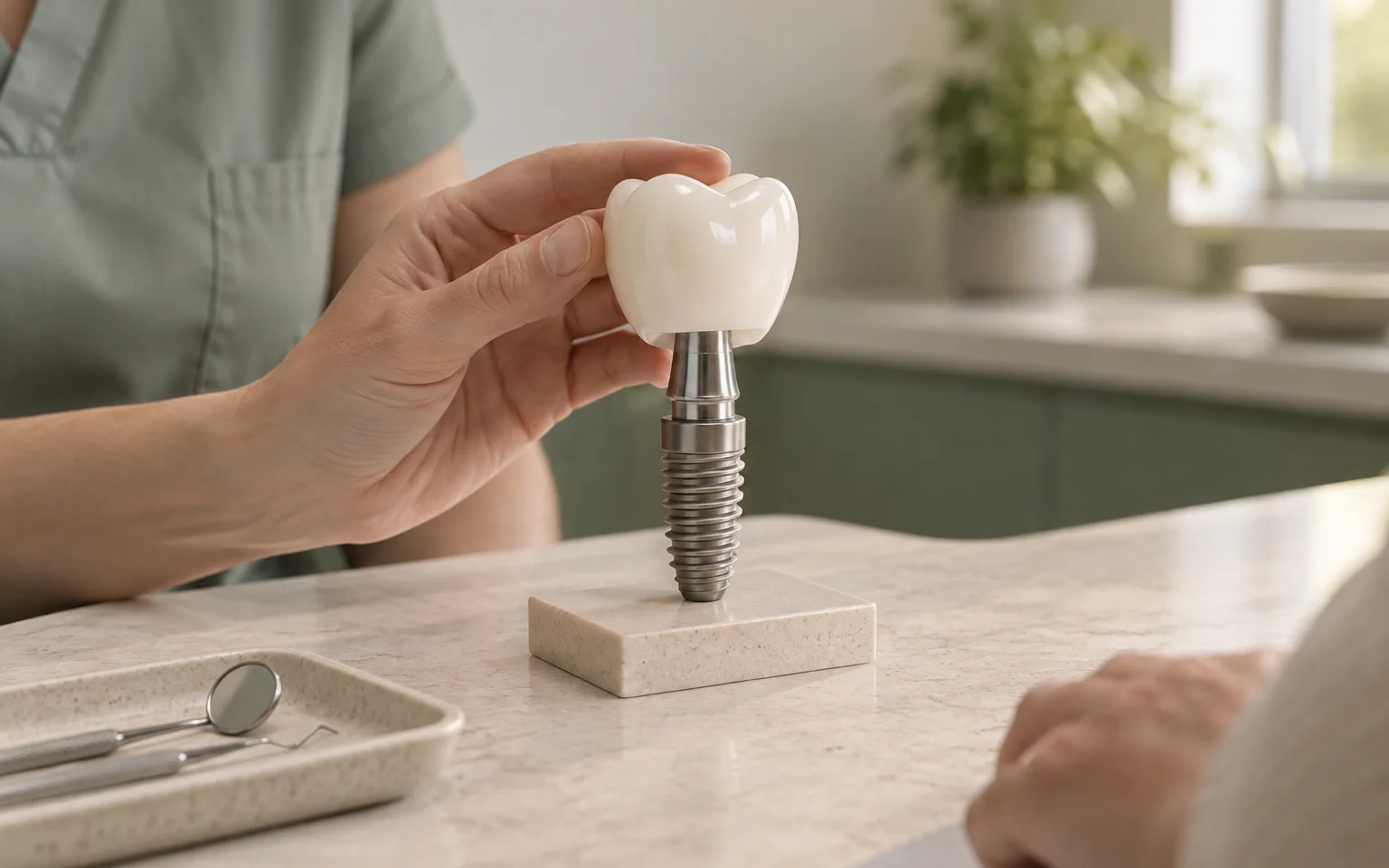 An enlarged artificial implant-supported crown model on a pale surface, with the connection visible and no real tissue.