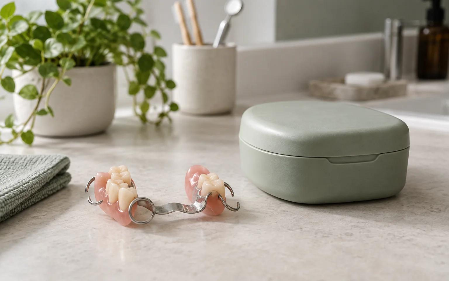 A removable partial denture teaching model beside its plain storage case; no patient's mouth.