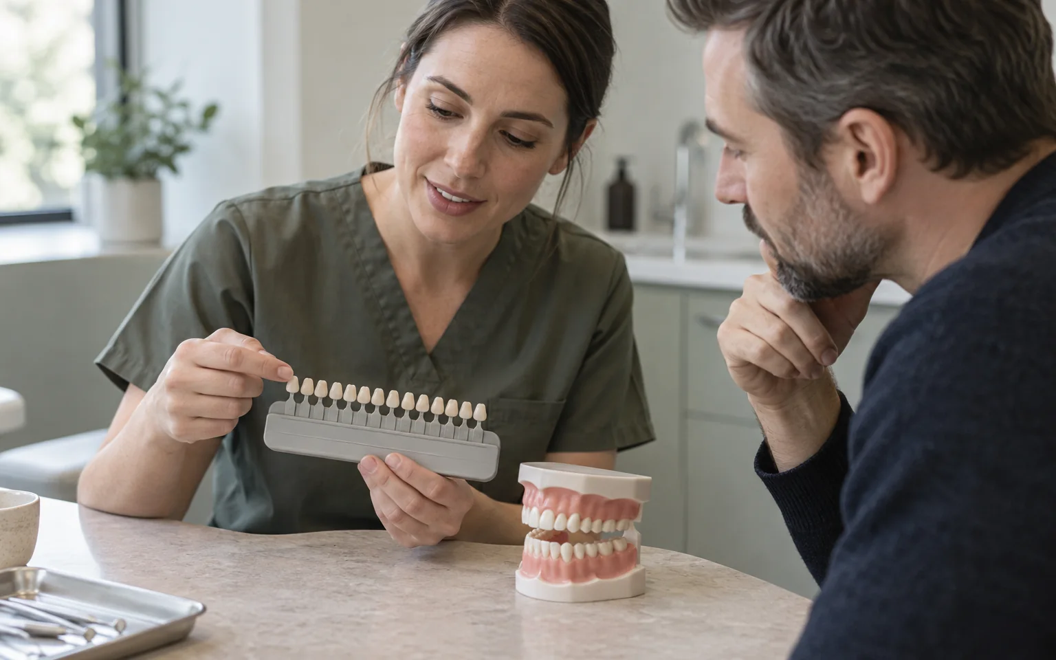 A tooth shade guide beside a natural-tooth teaching model, with no before-and-after pair or bleaching product.