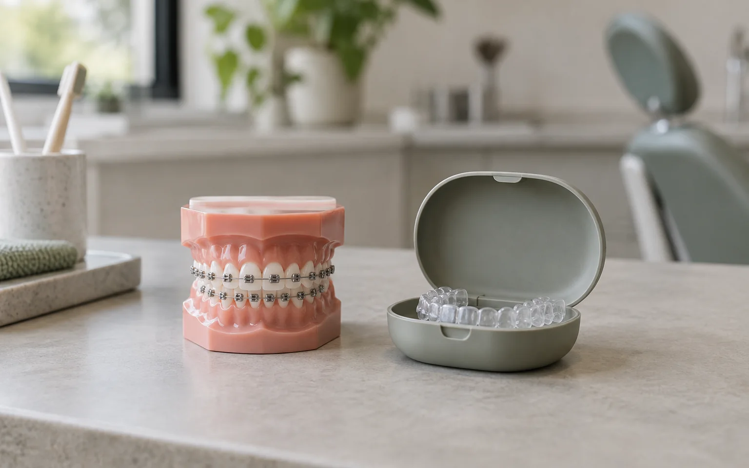 An artificial fixed-brace model beside an unbranded clear aligner case, without a preferred product implied.