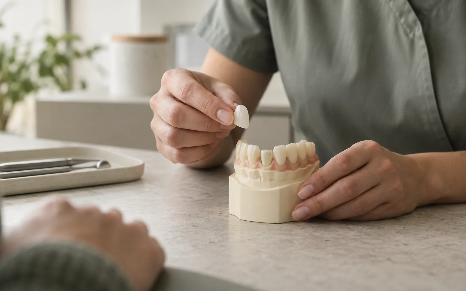 An artificial tooth model and separate demonstration veneer shell, showing that an existing tooth is involved.