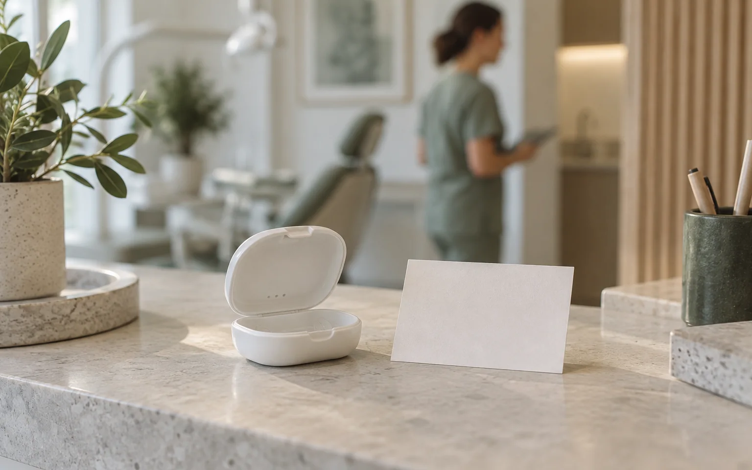 A plain tooth-protection container and unmarked appointment card on a surface, suggesting professional contact without giving handling instructions.