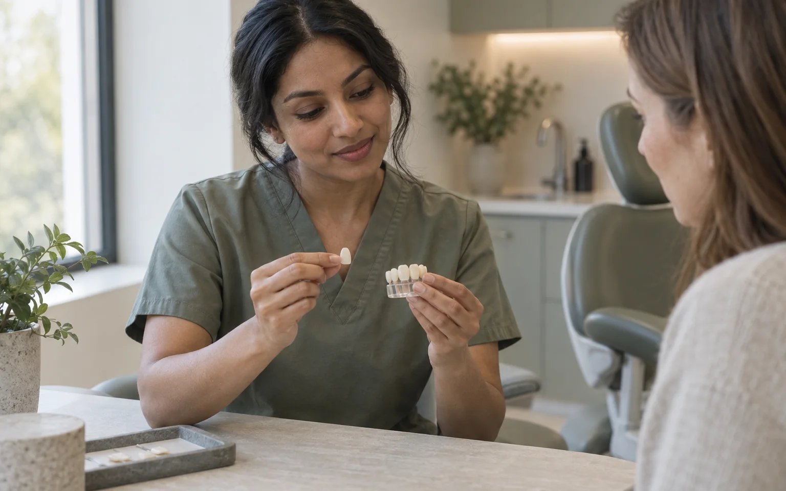 Fictional Maya Sen comparing an artificial veneer shell with an additive bonding teaching sample; no removal of tooth material shown.