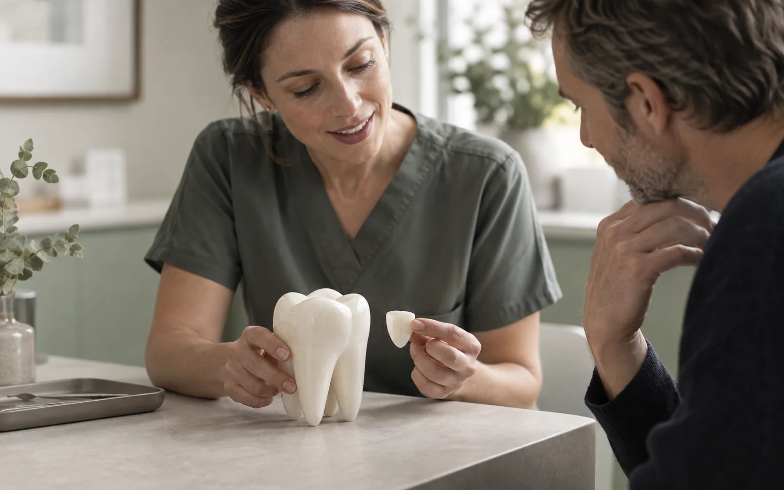 A large artificial tooth model beside a thin demonstration veneer shell on a neutral table; no before-and-after photograph.