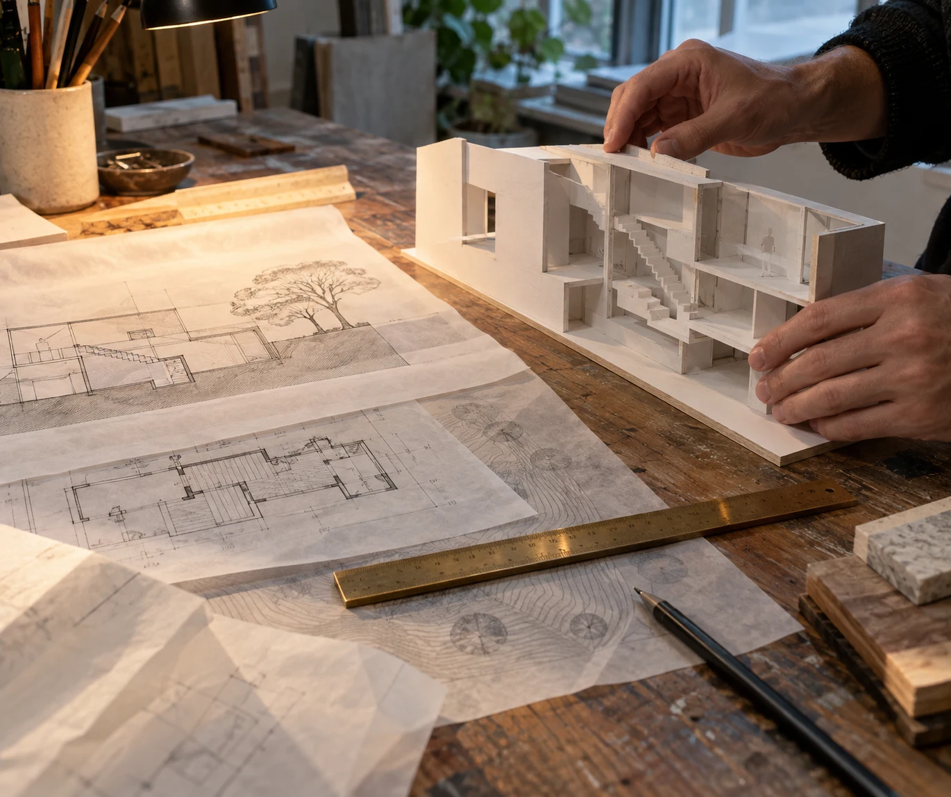 Hands testing a sectional architecture model