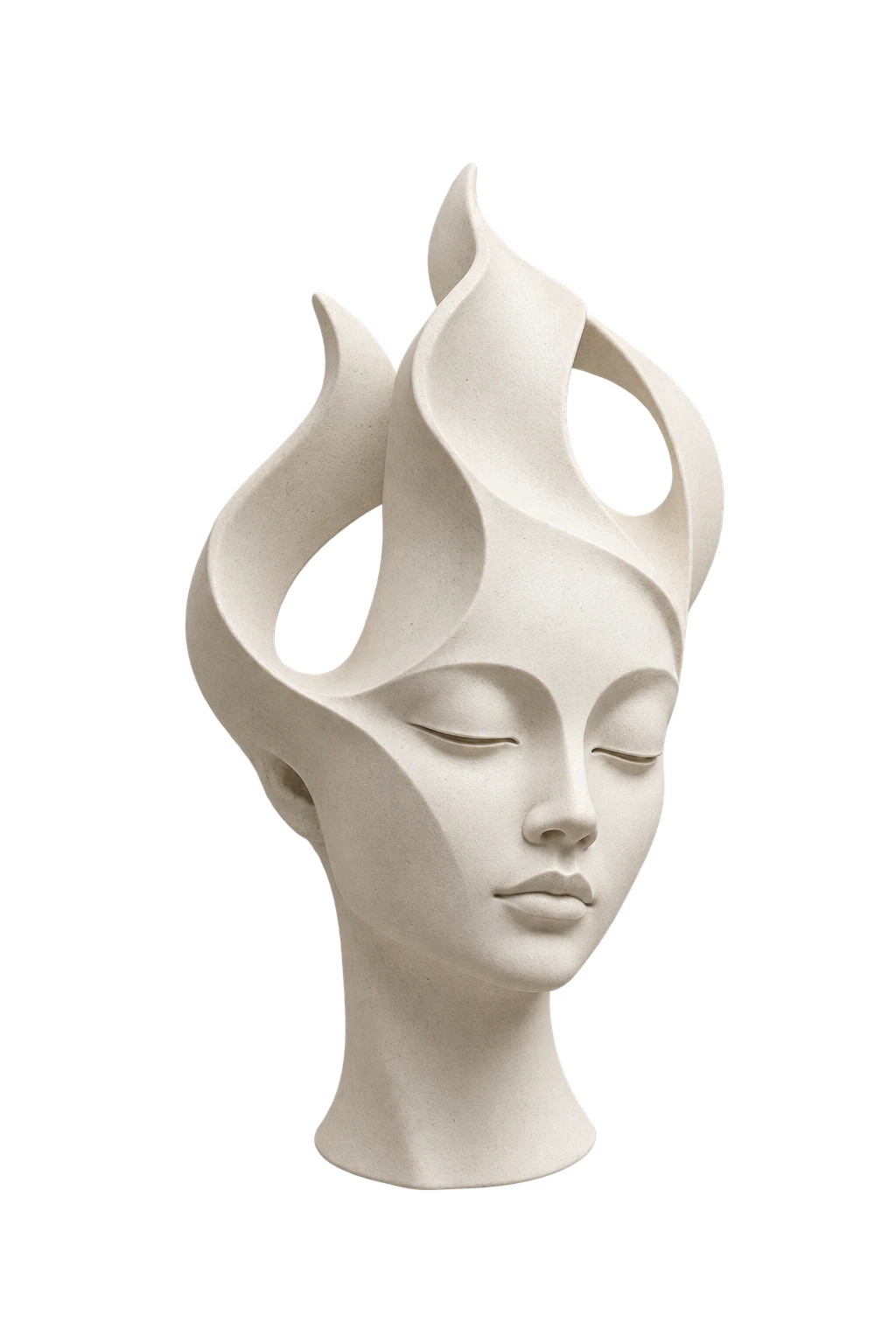 An original pale ceramic sculptural head with an open folded crown.