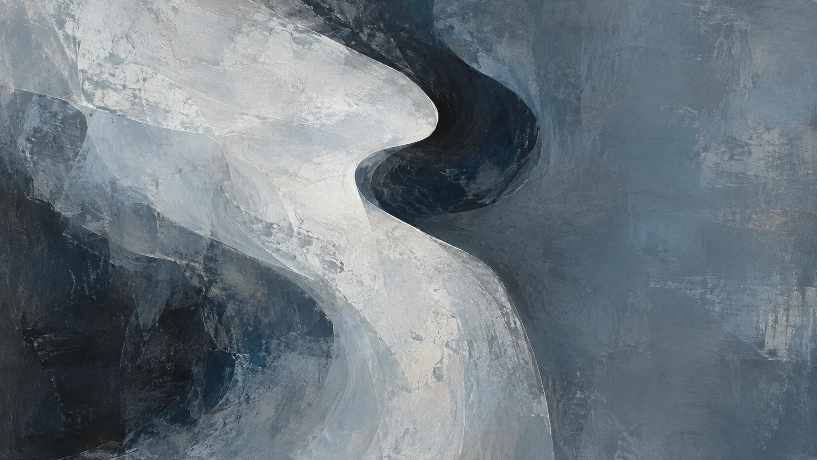 An original grey-blue abstract painting with a pale passage bending beside a dark fold.