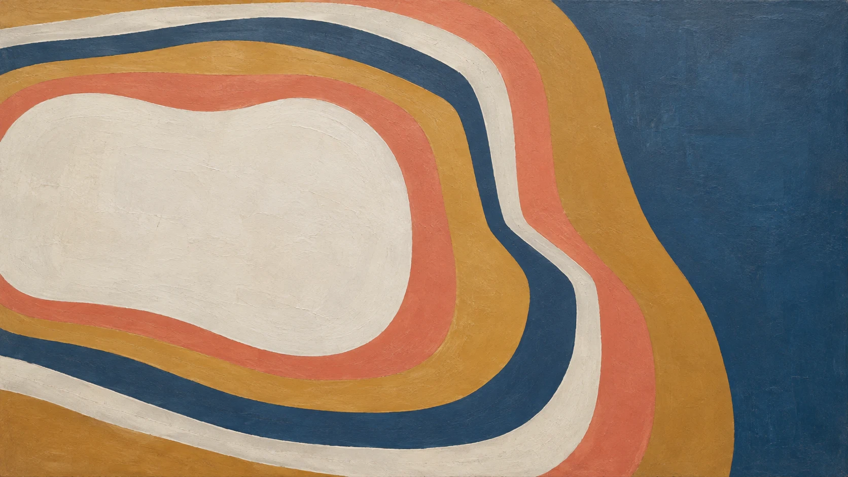 An original abstract painting of irregular ochre, coral, chalk and blue bands.