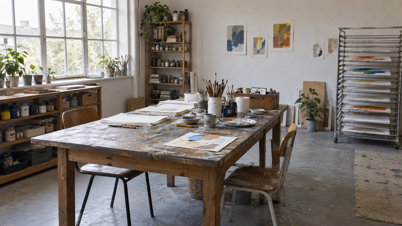 An original illustration of a working art studio with materials and works in progress.