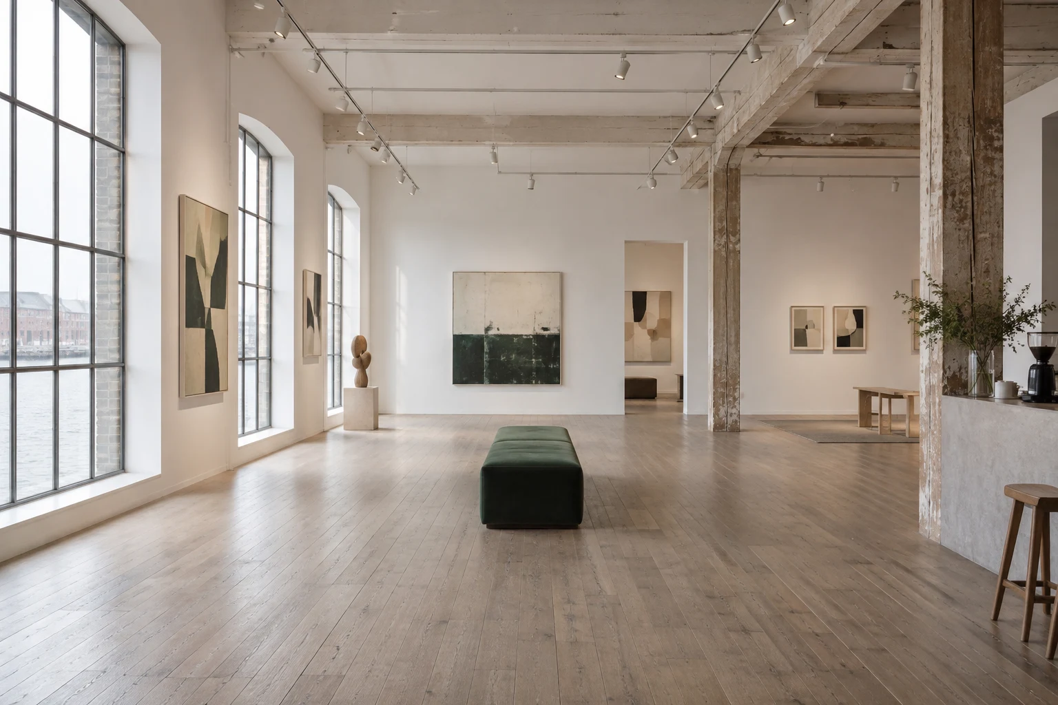 An imagined wharf gallery interior with tall windows, pale timber and original abstract works.