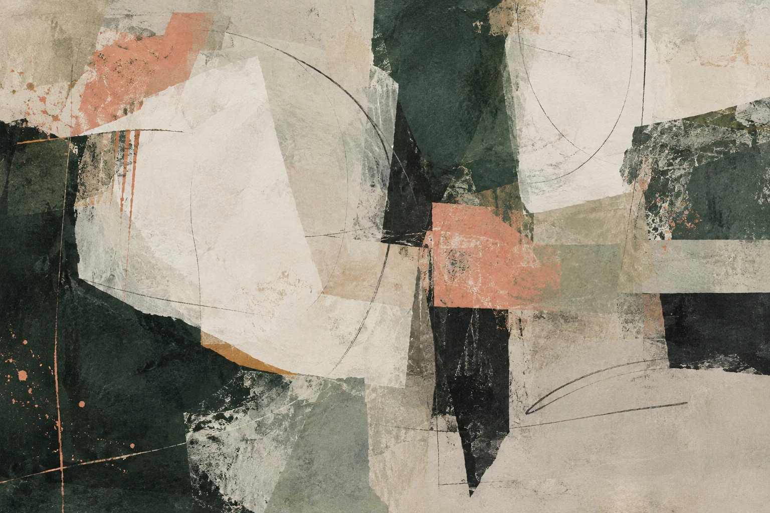 An original mixed-media abstract work in graphite, chalk, coral and deep green.