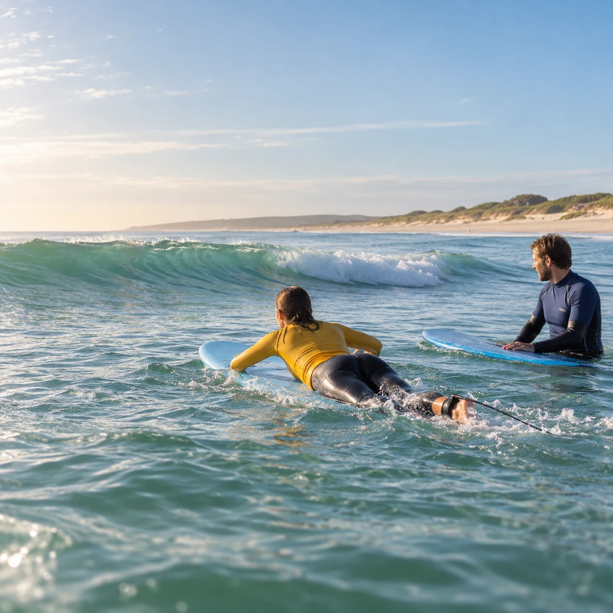 Beginner surfer paddling toward a small wave with an instructor nearby